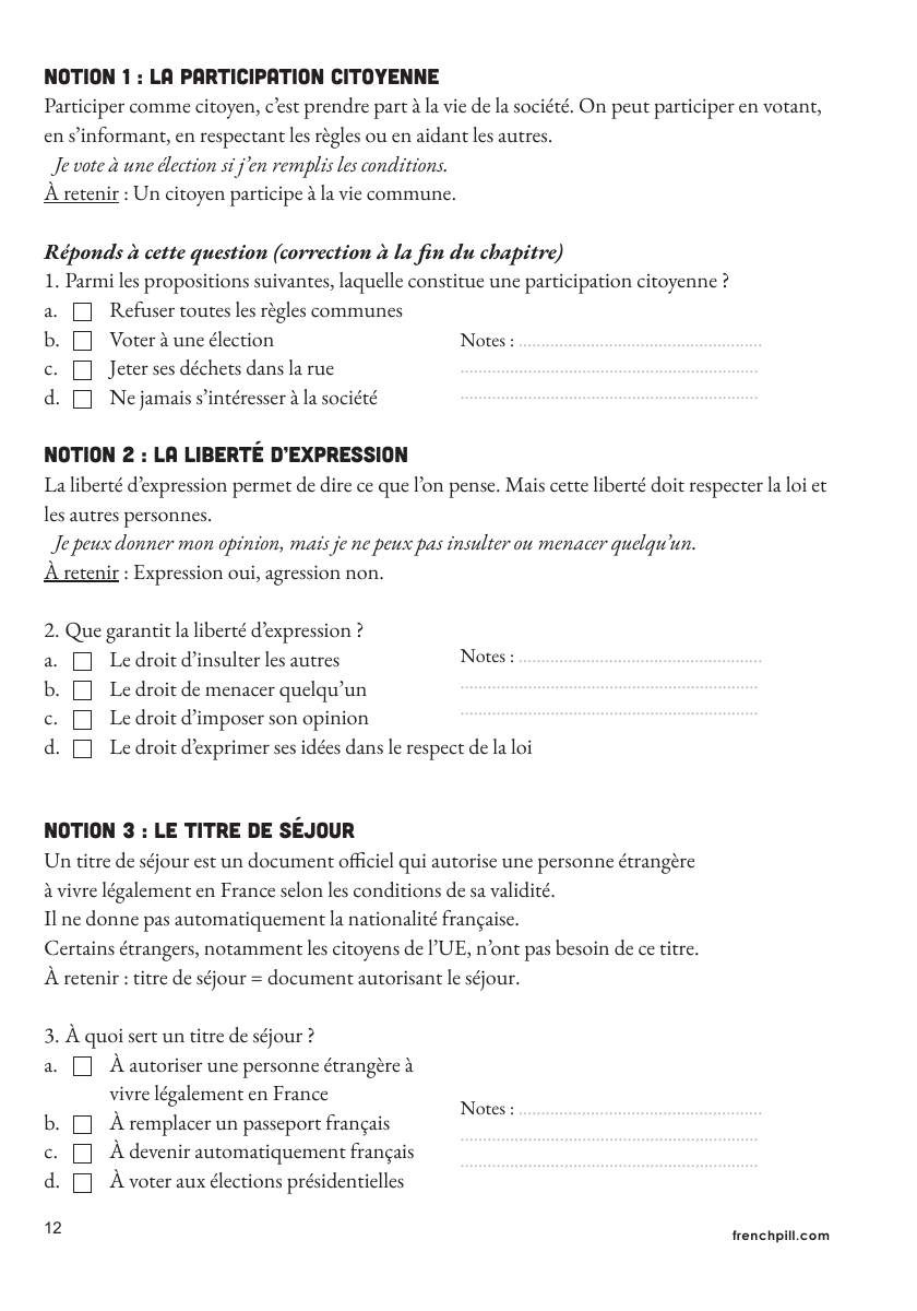 Page 12 du livre : participation citoyenne, libertés et QCM du chapitre 1