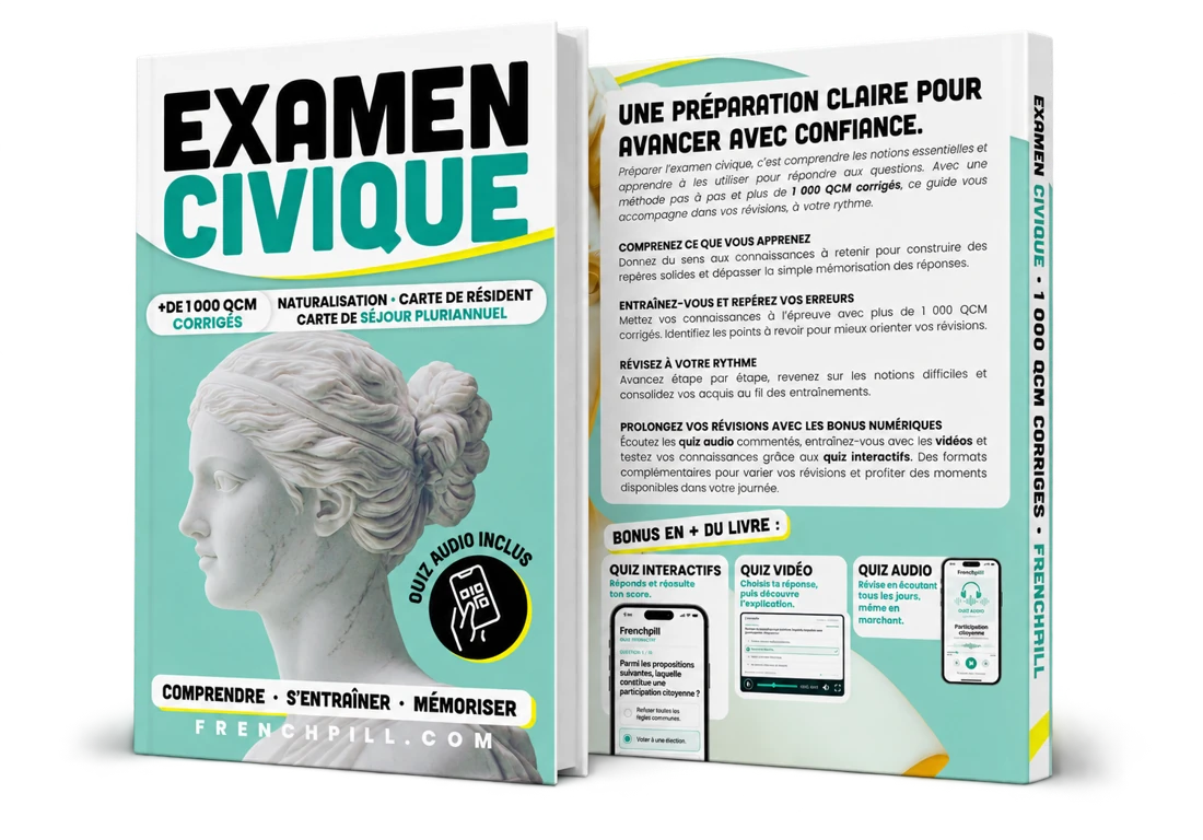 Le livre Examen civique FrenchPill, couverture et quatrième de couverture
