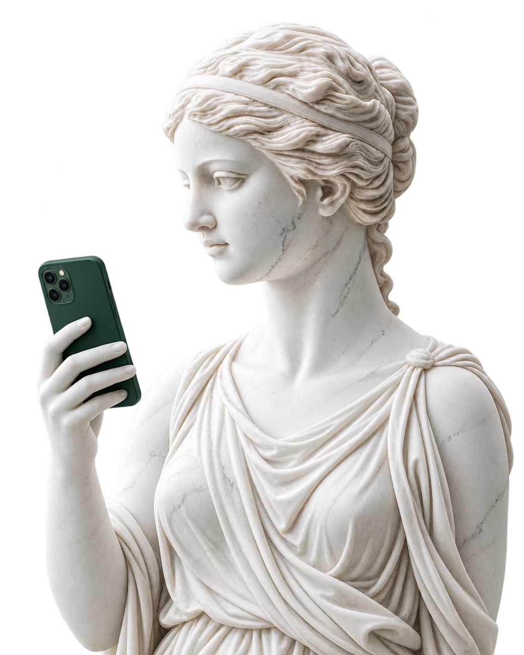 Statue de marbre tenant un téléphone vert foncé